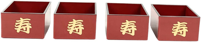 JapanBargain Masu Cups Japanese Sake Cups Plastic Lacquer Saki Cups Made in Japan, Red Color with Kotobuki, Set of 4