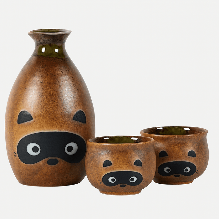 Japanese 3-Piece Tanuki Raccoon Sake Set – Ceramic Sake Bottle with 2 Cups, Made in Japan