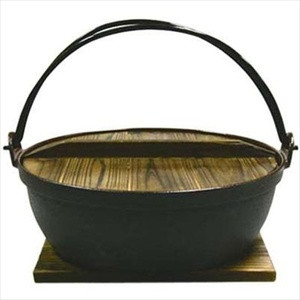 Japanese Style Cast Iron Shabu Shabu Hot Pot Sukiyaki Nabe with Wooden Lid and Hot Pad, 8.25 inches Diameter