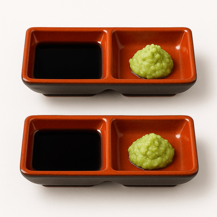 Set of 24 Japanese Style Soy Sauce Dishes – Two-Compartment Black and Red Melamine Dipping Bowls, 5.75"x2.75", Restaurant Bulk Pack