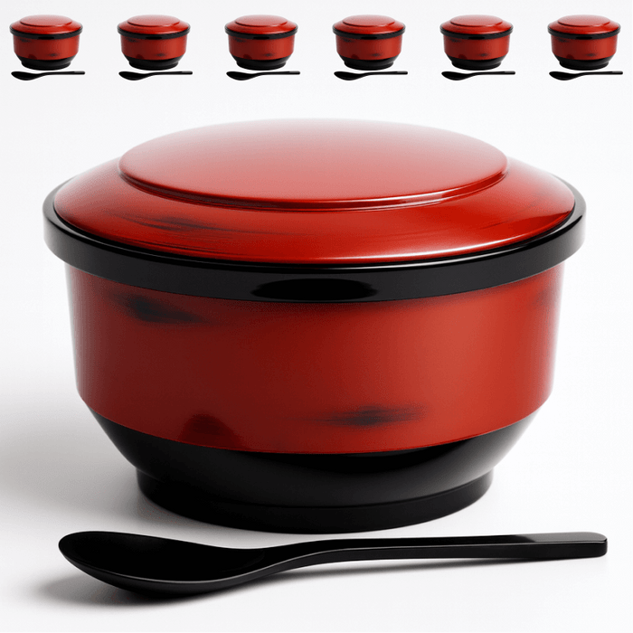 6 Pack Japanese Rice Serving Bowls with Lids and Scoops – 6.5 Inch Red Lacquer Melamine Rice Bowls, Made in Japan 6 Pack Japanese Rice Serving Bowls with Lids and Scoops – 6.5 Inch Red Lacquer Melamine Rice Bowls, Made in Japan