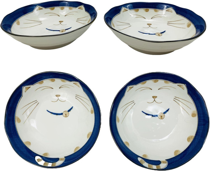 4 Pack Blue 6-1/2 inch Porcelain Soup Bowl Maneki Neko Smiling Lucky Cat Made in Japan