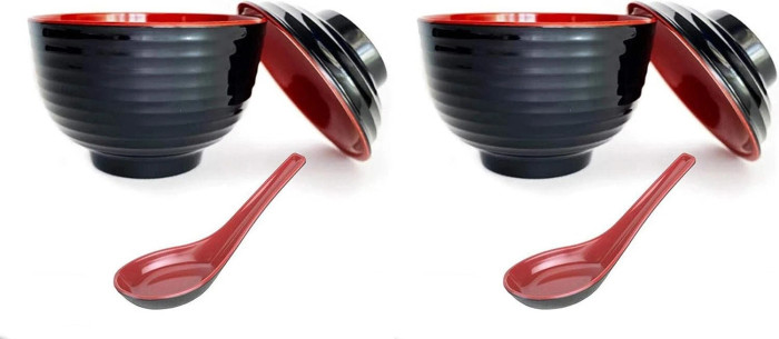 2 Pack Black Red Melamie Miso Soup Vegetable Bowl With Lid 11oz