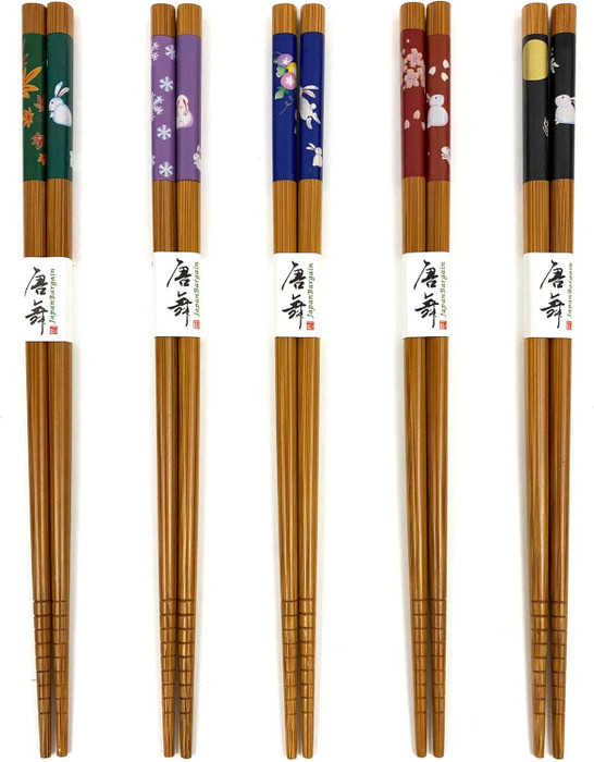 2 Pack Bamboo Bunny/Natural Chopsticks Reusable Wood Chop Sticks 5 Pair Gift Set Dishwasher Safe 9 inch 