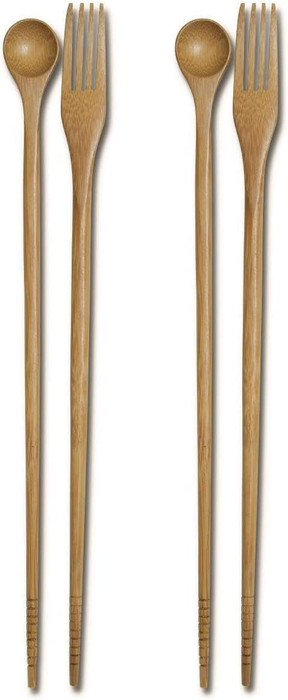 2 Pack 13 inch Long Bamboo Cooking Chopsticks with Spoon and Fork 3-in-1 Taste and Cook Cooking Utensil