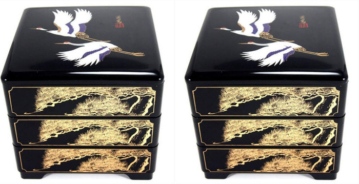 2 Pack Plastic Lacquered Black Crane Jubako Box Japanese Traditional 3 Tiers Stack Box Food Container Bento Box Made in Japan