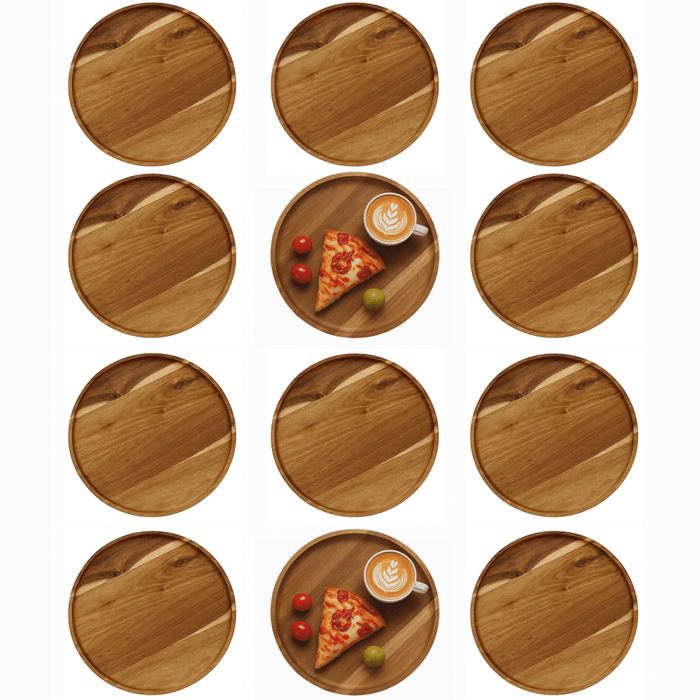 12 Pack Acacia Wooden Serving Charger Plates – 12.5 Inch Round Tea Trays & Snack Platters