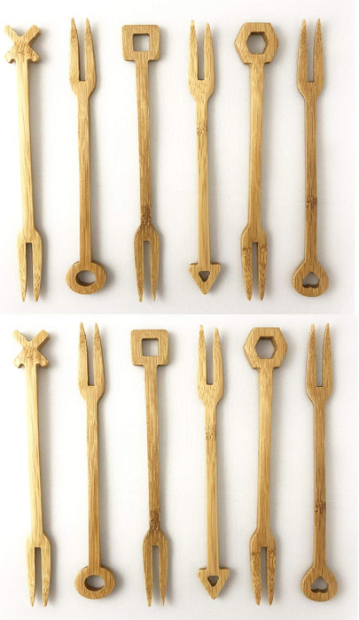 2 Pack 6 psc Reusable Bamboo Snack Dessert Forks Set, Two Prong Forks Bistro Cocktail Forks Tasting Appetizer Forks Fruit Forks Natural Bamboo 5.5" Long