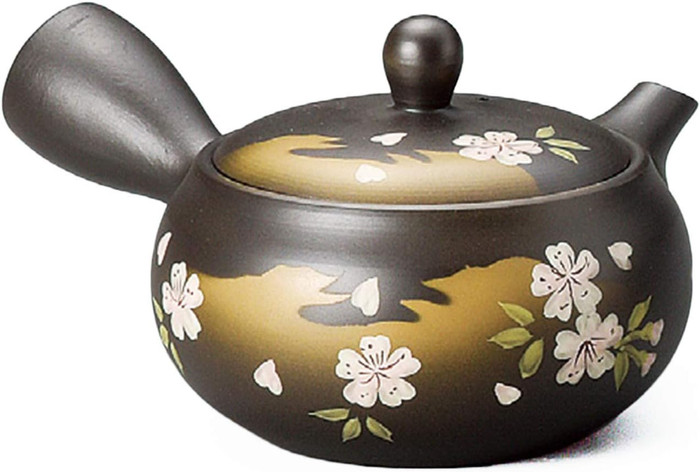 Tokoname Ware Tomisen Black Mud Shallow Bag Cherry Blossom Teapot 9.5 fl oz