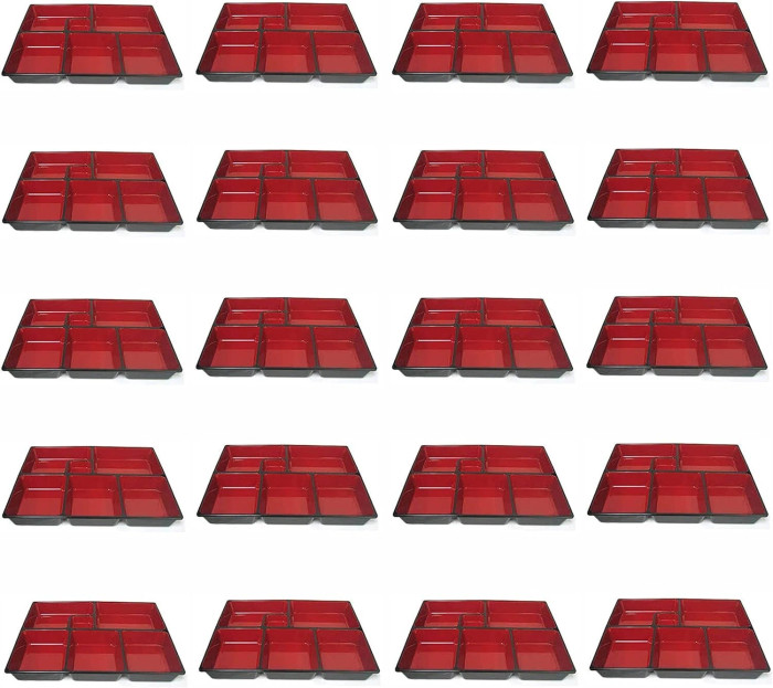 20 Pack Plastic Bento Box Lacquered 6 Compartment 11.75x9.5 inch