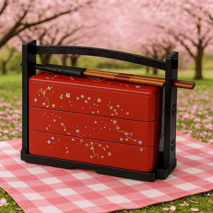 Japanese 3-Tier Sakura Bento Box with Chopsticks, Plastic Lacquered, Made in Japan Japanese 3-Tier Sakura Bento Box with Chopsticks, Plastic Lacquered, Made in Japan