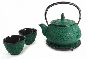 Pine Needle Cast Iron Tea Set Green