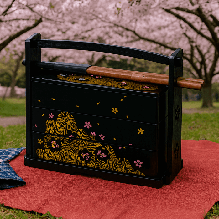 Japanese Three-Tier Bento Box with Chopsticks – Sakura Cherry Blossom Lacquered, Made in Japan