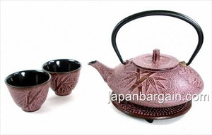 Raspberry Color Cast Iron Tea Set Bamboo
