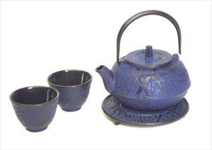 Blue Cast Iron Tea Set Bamboo Pine Plum