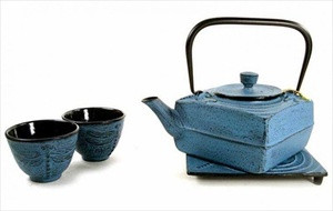Square Cast Iron Tea Set Dragonfly Light Blue