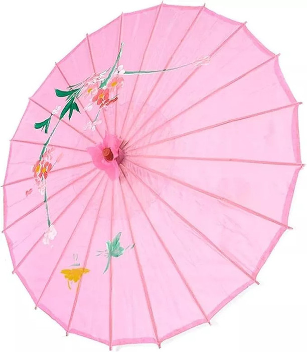 Asian Parasol Umbrella – 32" Pink Nylon Sun Umbrella with Bamboo Frame, Hand-Painted Floral Design