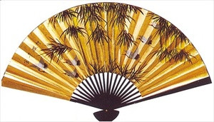 Large Oriental Wall Fan Bamboo & Crane 40in