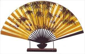 Large Oriental Table Fan Bamboo & Crane 18in
