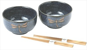 Dragonfly Porcelain Soup Bowl w/Chopsticks Set