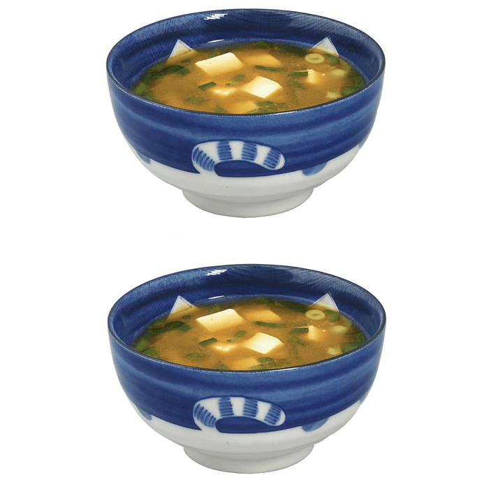 Set of 2 Japanese Porcelain Soup and Rice Bowls – 6.25" Maneki Neko Lucky Cat Pattern, Made in Japan