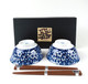 Japanese Porcelain Soup Bowls and Chopsticks Gift Set, Cherry Blossom Sakura Pattern Rice Bowls, Blue Color Ramen Bowl, Set of 2, Made in Japan