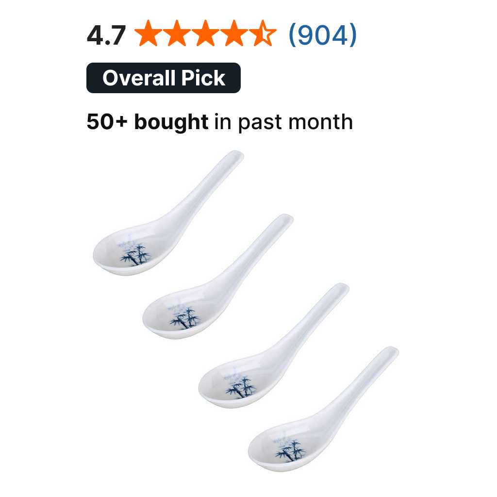 Set of 12 Asian Japanese Chinese Wonton Soba Rice Pho Ramen Noodle Soup Spoons, White/Blue
