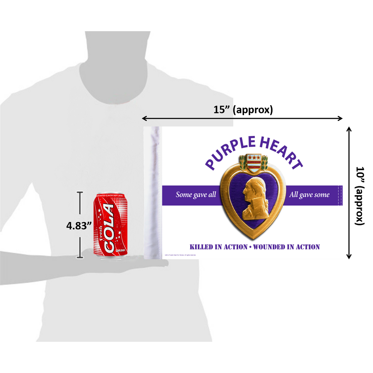 10"x15" Purple Heart white background flag (size comparison view)