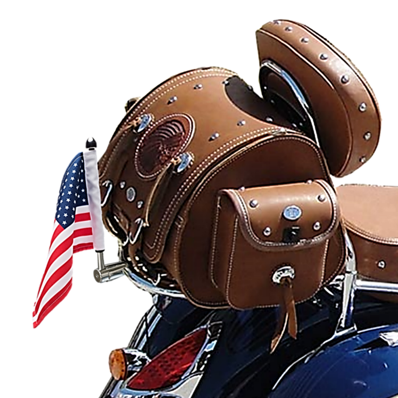 .765" Fixed, extended horizontal mount with 9" pole, standard cone topper and
6"x9" USA flag on quick detach Indian Chieftain sissy bar luggage rack (rack not included)
