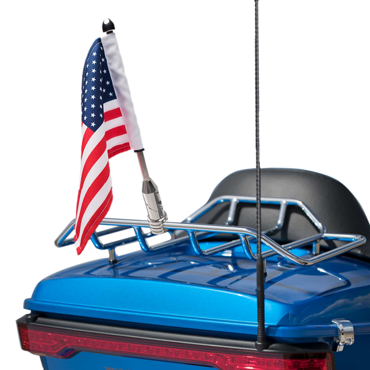 Folding mount with 9" pole, standard cone topper and
6"x9" USA flag on Harley Tour Pack Rack (rack not included)