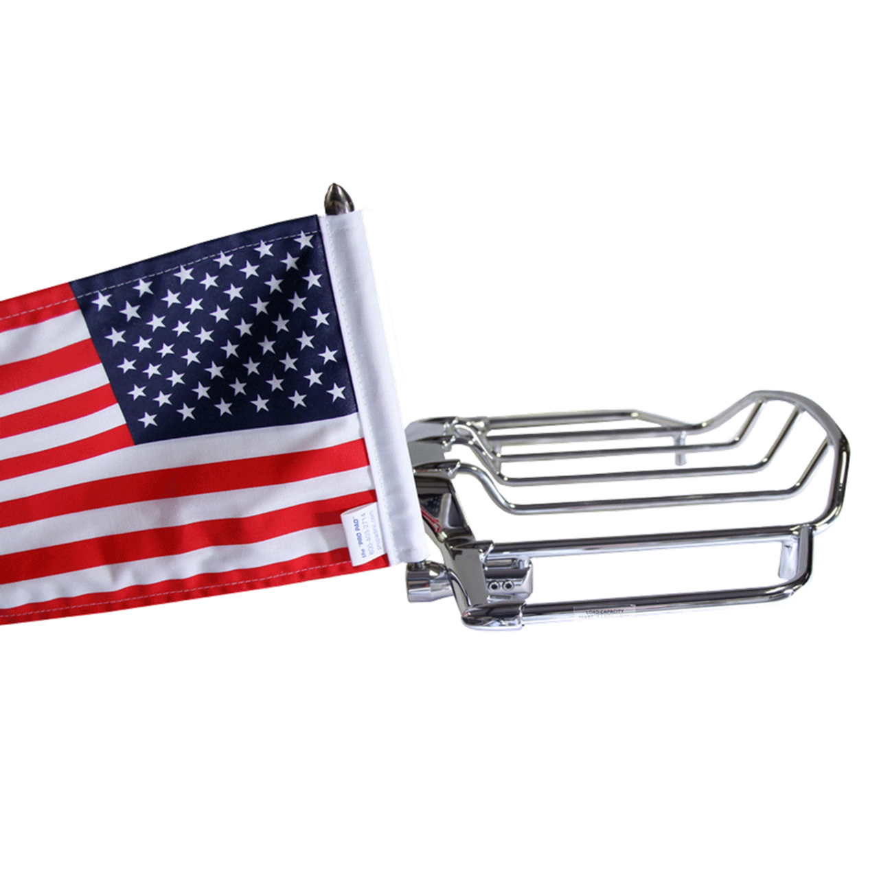 1/2" vertical fit flag mount with 9" pole, standard cone topper and
6"x9" USA flag on Harley Air Wing Rack mounting leg (rack not included)
