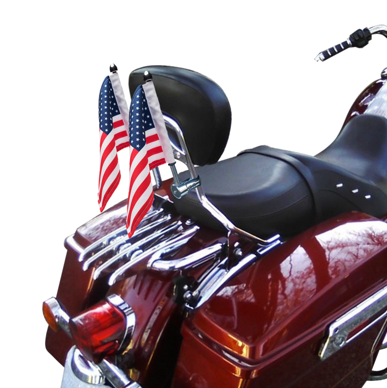 5/8" extended sissy bar flag mounts with 9" pole, standard cone topper and
6"x9" USA flag on Harley sissy bar (listing is for 1 mount)
