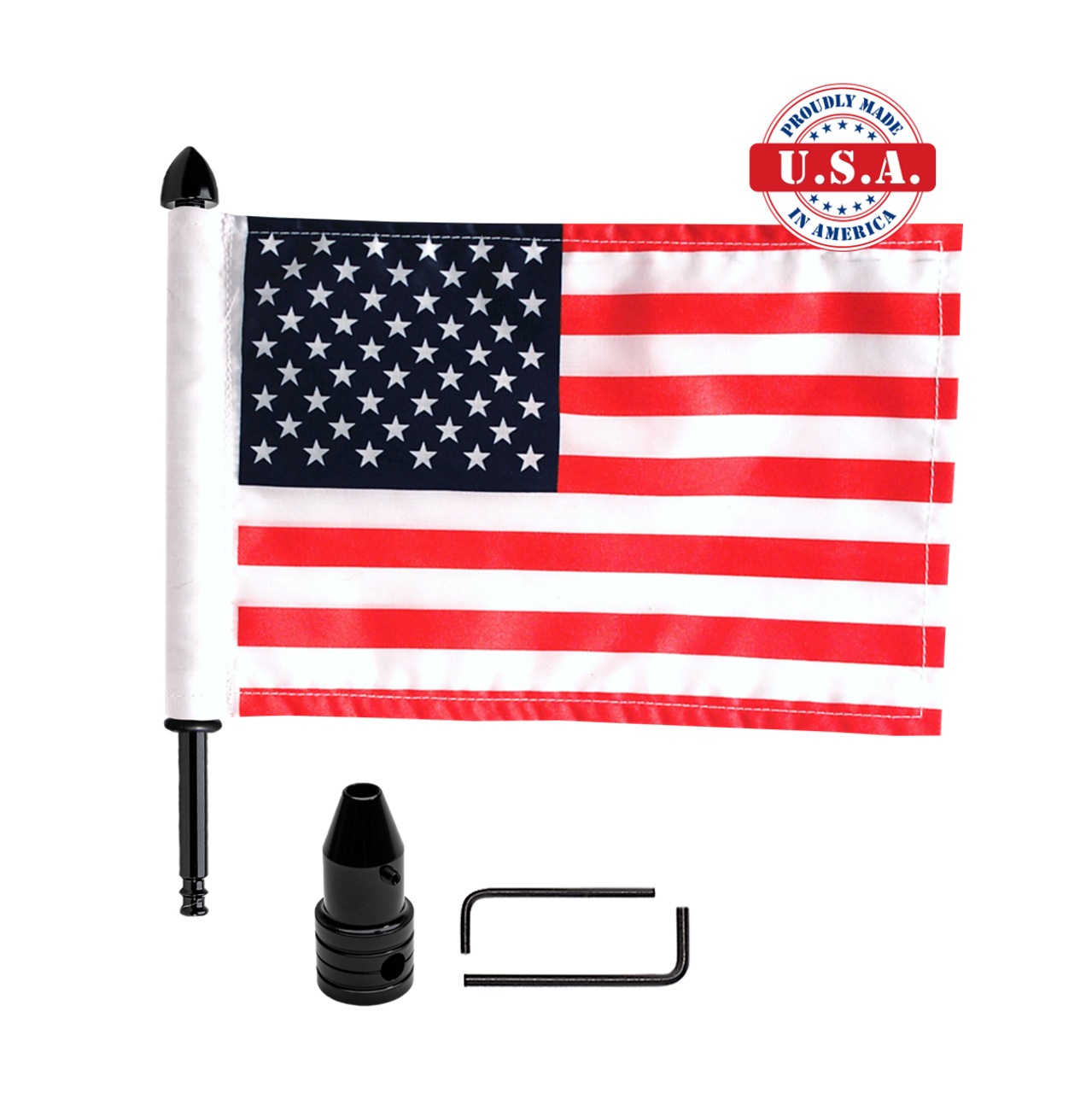 Fixed, upright flag mount with 9" pole, standard cone topper & 6"x9" highway flag