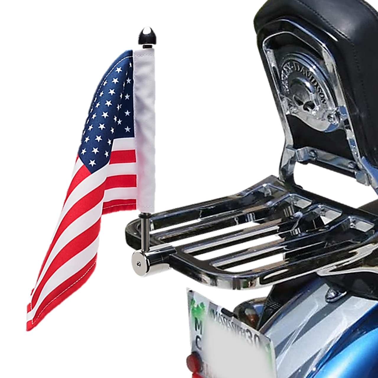 .5" - .6" square rack flag mount with 9" pole, standard cone topper and
6"x9" USA flag on Harley Sport Rack (rack not included; polished stainless version)
