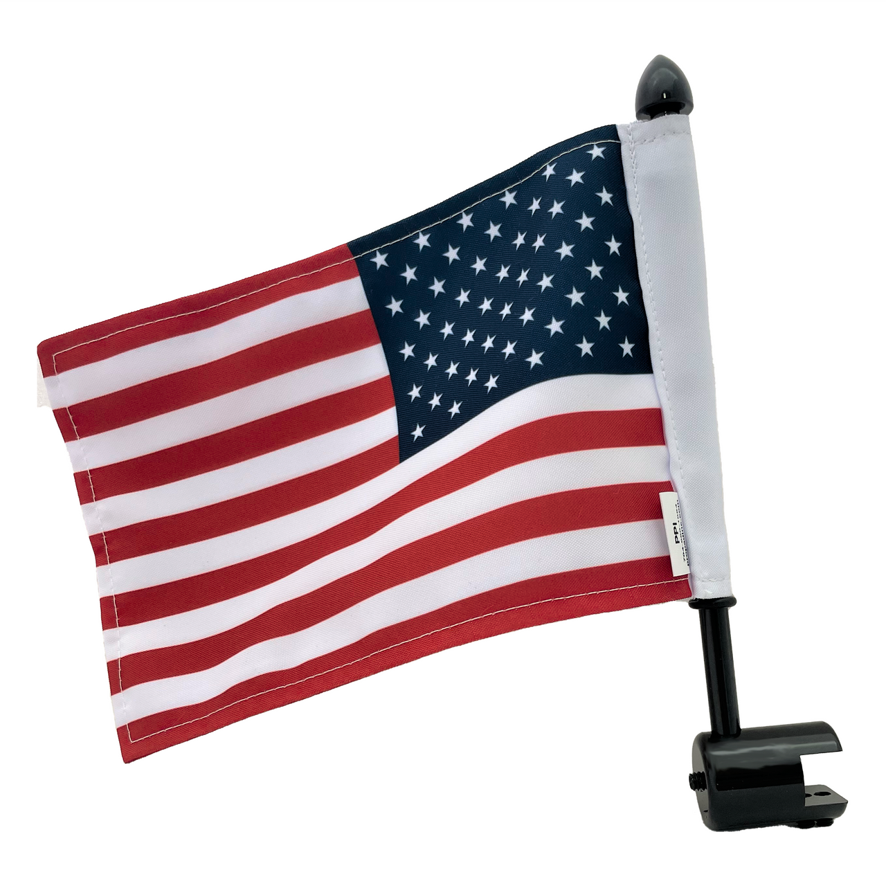 Black coated .5" - .6" square rack flag mount with 9" pole, standard cone topper & 6"x9" highway flag