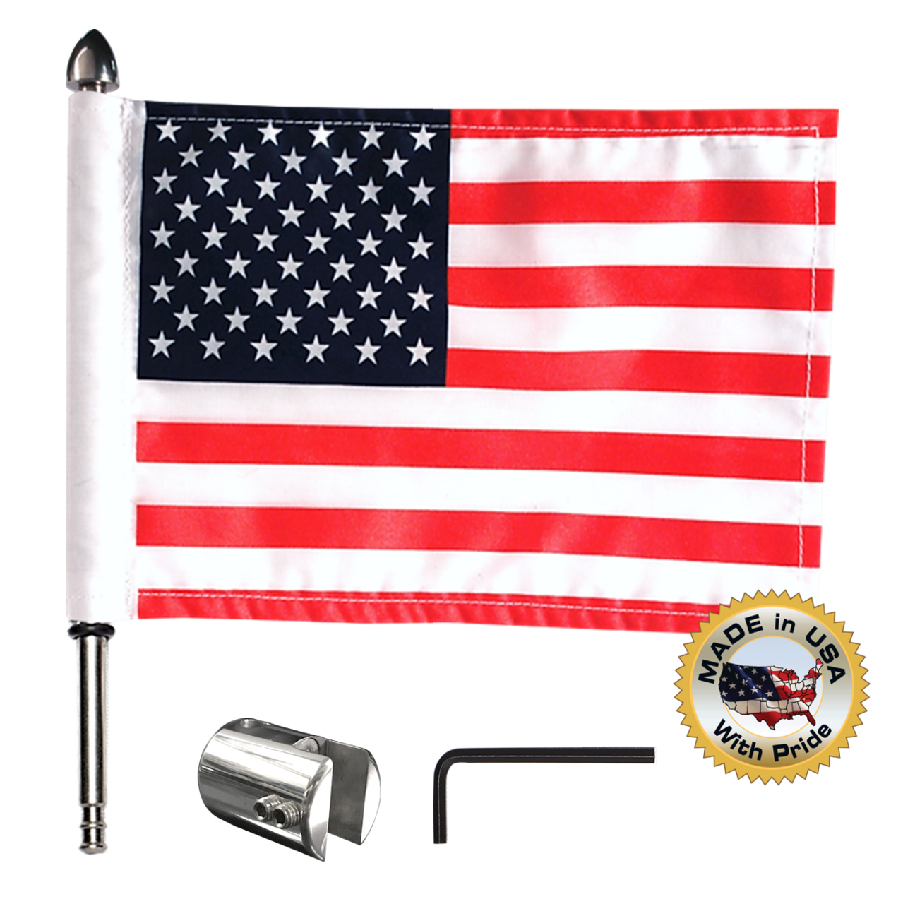 .5" - .56" square, vertical mount with 9" pole, standard cone topper and 6"x9" USA flag (components)