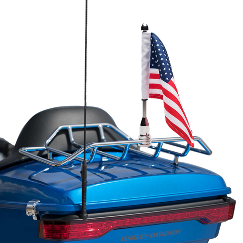 1/2" Fixed, upright mount with 9" pole, standard cone topper and
6"x9" USA flag on Harley premium Tour Pack Rack (rack not included)