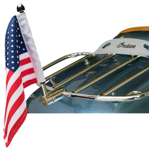 .51" Fixed, extended horizontal mount with 9" pole, standard cone topper and
6"x9" USA flag on Indian Pinnacle Luggage Rack (rack not included)
