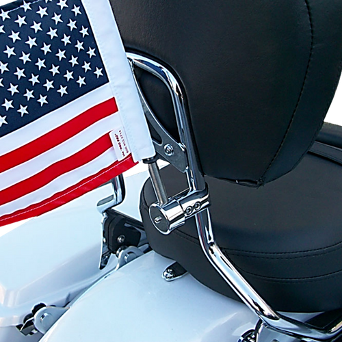 5/8" extended sissy bar flag mount with 9" pole, standard cone topper and
6"x9" USA flag on Harley sissy bar
