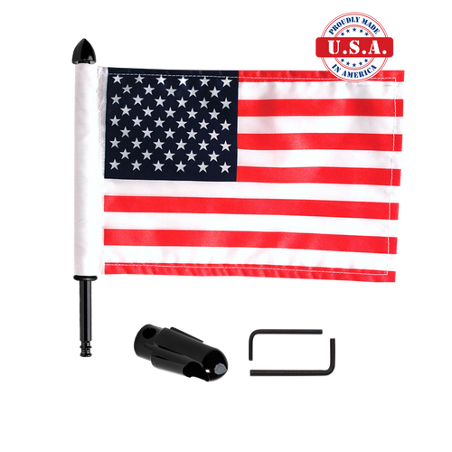 Fixed, extended horizontal Indian rack flag mount with 9" pole, standard cone topper & 6"x9" highway flag