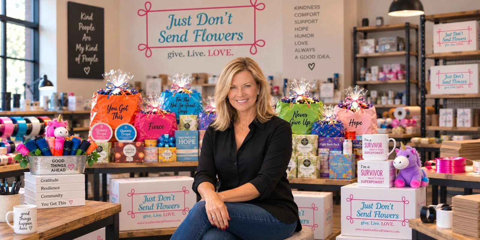Gina Sibley, founder of Just Don't Send Flowers, with get well gifts and cancer care packages