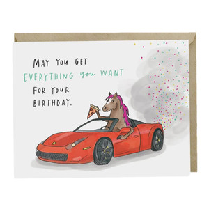 Pony, Ferrari, Pizza Birthday Card