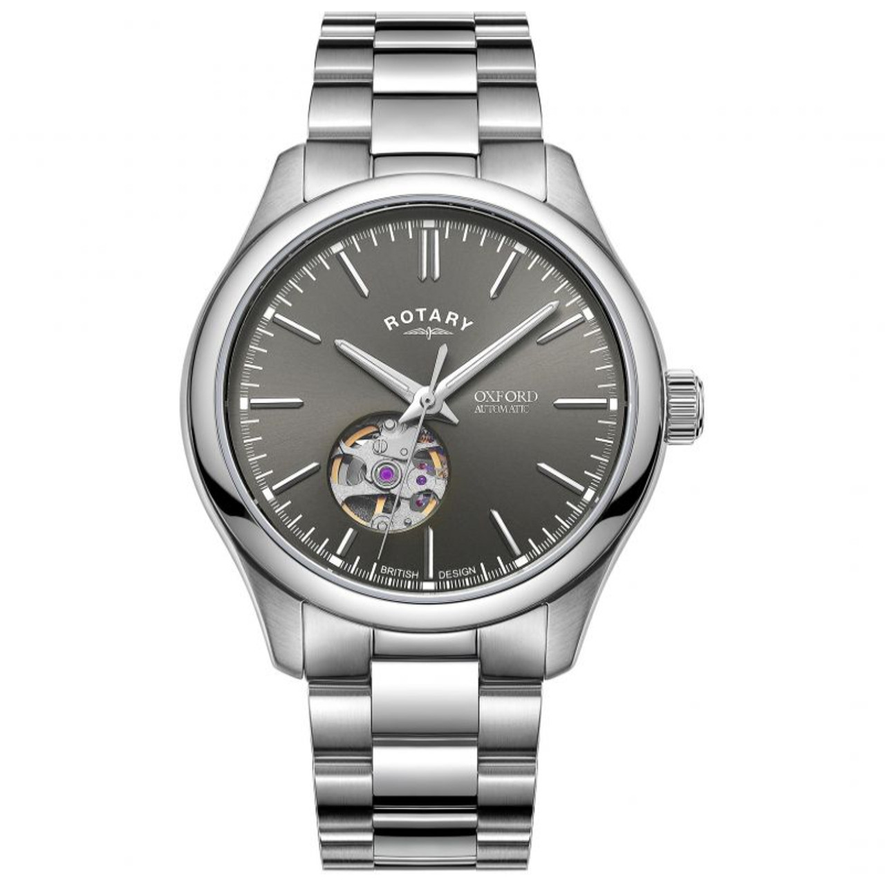 Rotary Oxford Men s Automatic Sapphire Open Heart Grey Dial Bracelet Watch