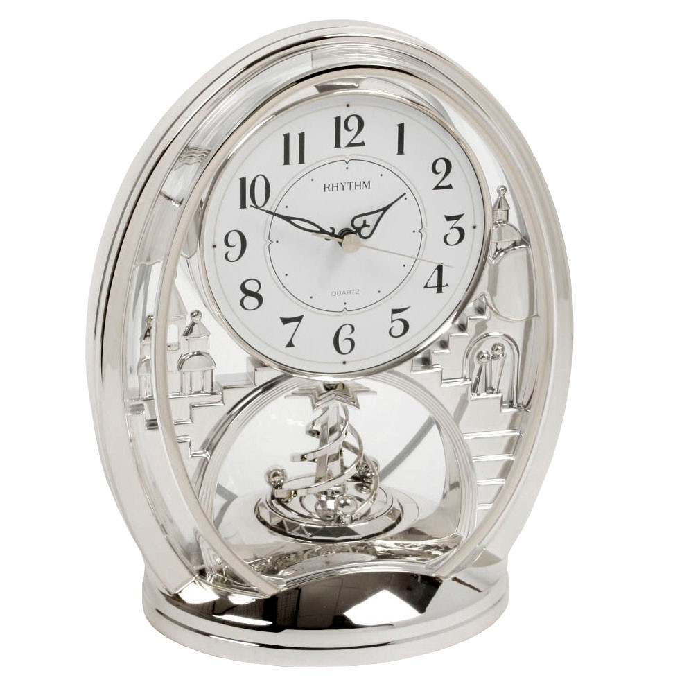 Rhythm Mantel Clock Oval Silver with Rotating Pendulum 4SG768WR19