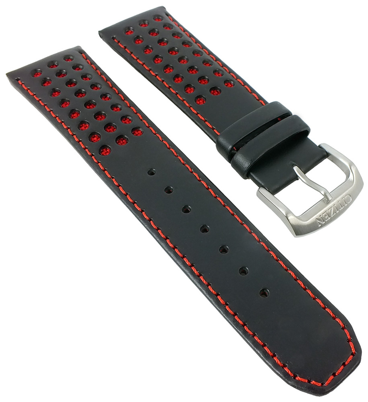 Citizen Replacement Watch Strap Black Leather With Red Accents 59-S52683  For AT8060-09E With Pins