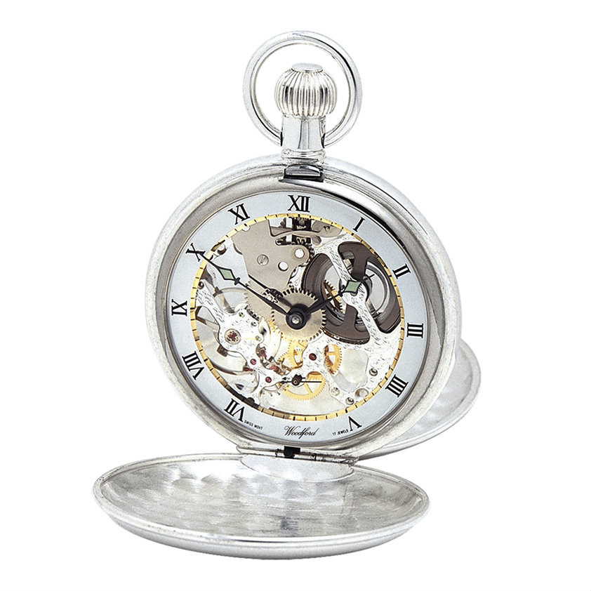 Woodford Sterling Silver Twin Lid Skeleton Swiss Pocket Watch 1002 Woodford half hunter pocket orologio con movimento meccanico scheletro, in scatola. woodford sterling silver twin lid skeleton swiss pocket watch 1002