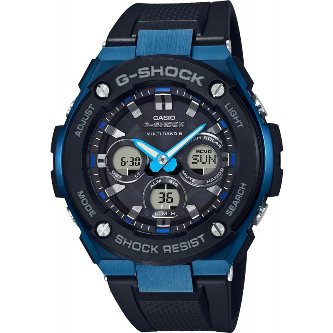 G-Shock Steel Solar Radio Controlled Black Resin Strap Blue Bezel Watch