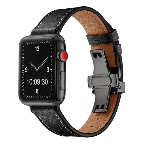 Apple Watch Leather Strap Black With Deployment Butterfly Clasp