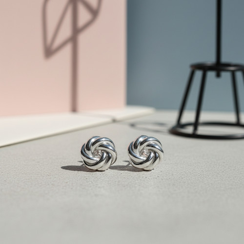 9ct White Gold Polished Two Row Knot Stud Earrings | 8mm