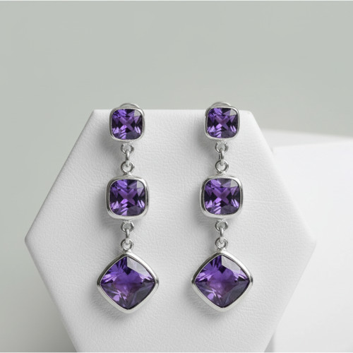 9ct White Gold Checkerboard Cushion Amethyst 3 Stone Drop Earrings | 40mm Length